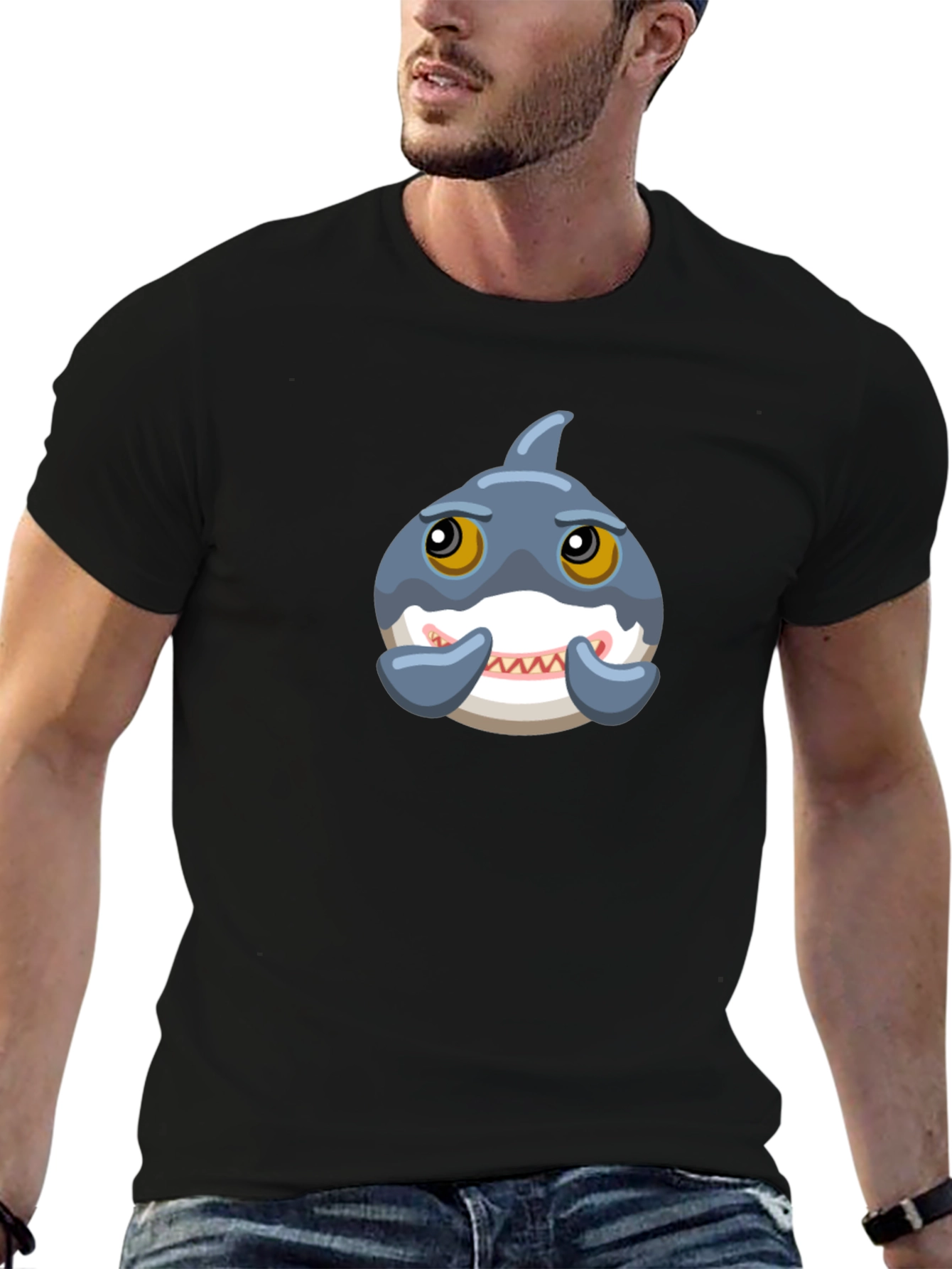 Cute Cartoon Shark Graphic Tee - Black