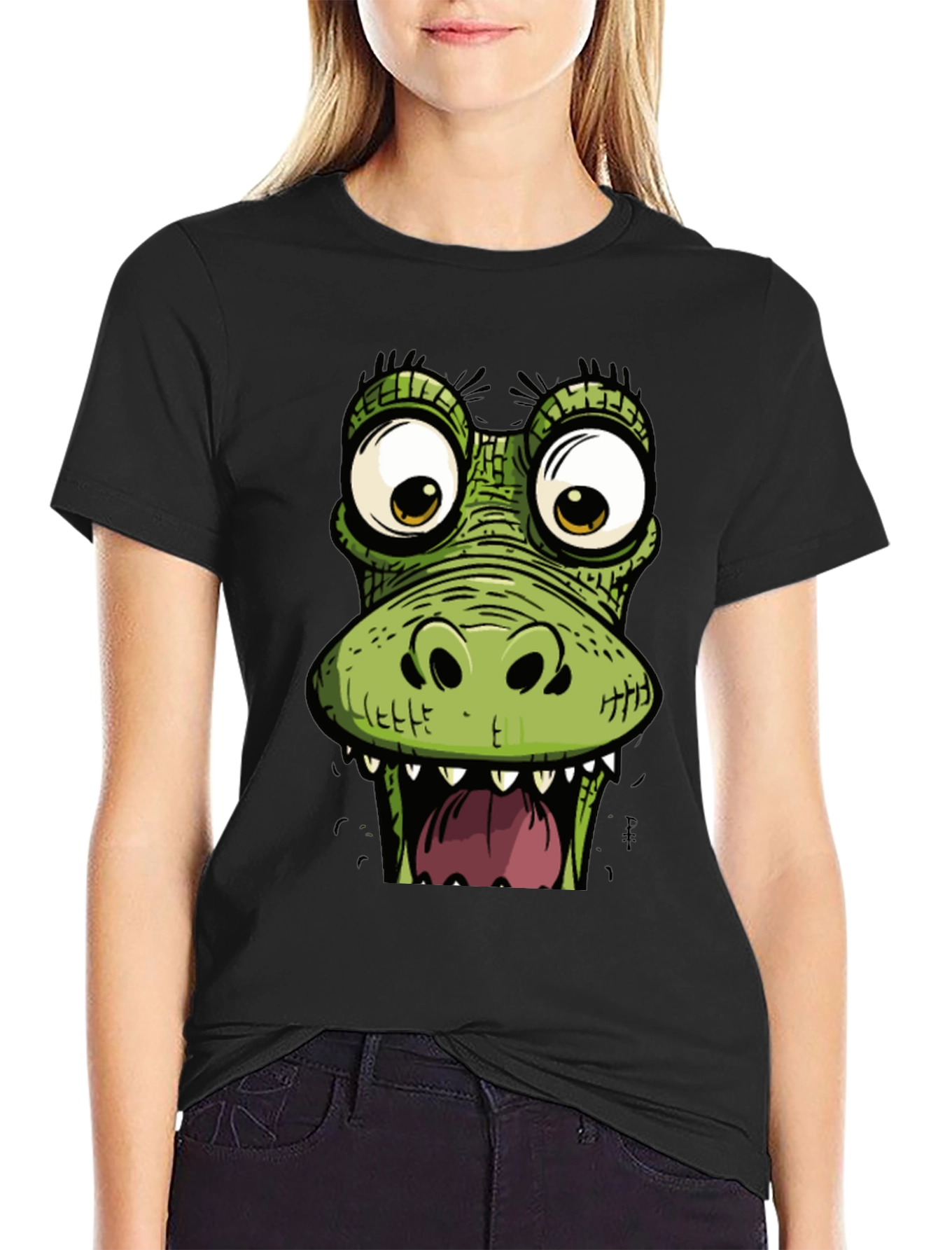 Funny Crocodile Graphic Print Black T-Shirt