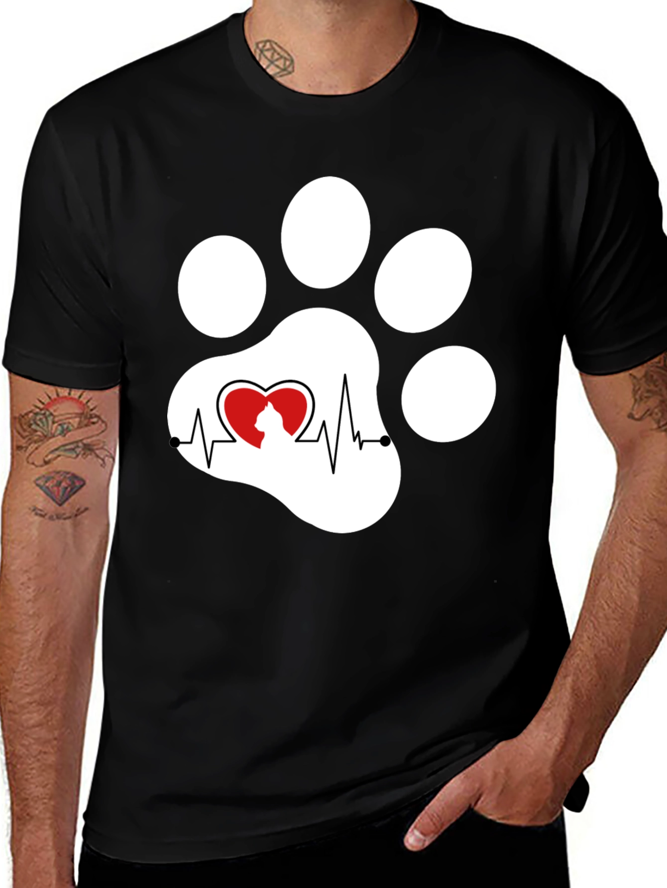 Black Cat Paw Heartbeat T-Shirt