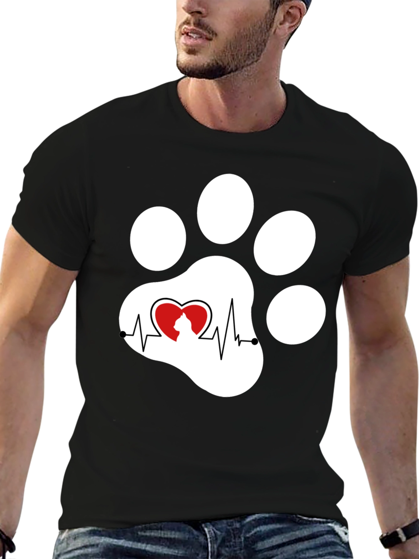 Black Cat Paw Heartbeat T-Shirt