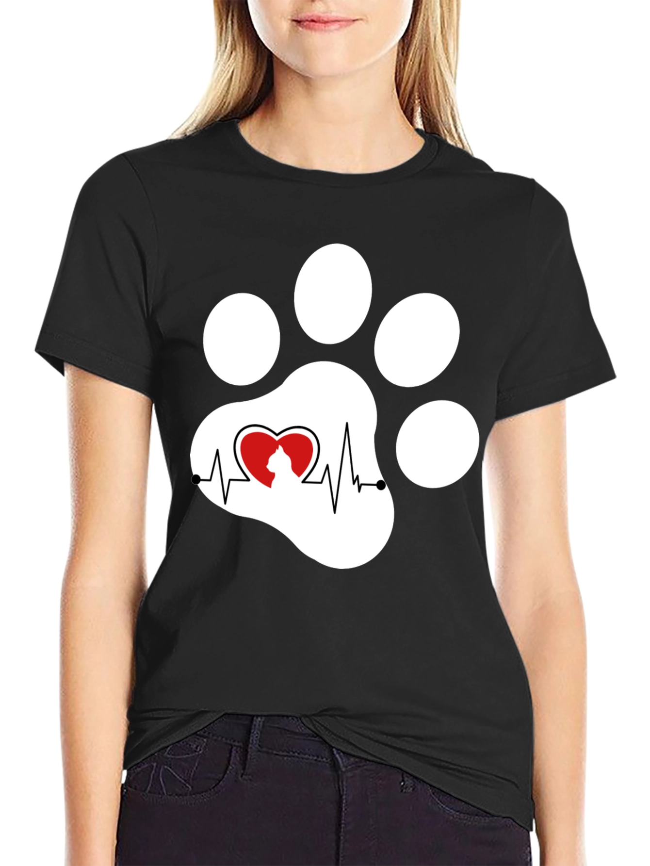 Black Cat Paw Heartbeat T-Shirt