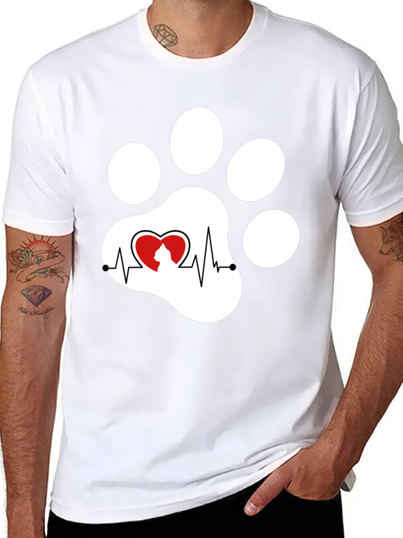Black Cat Paw Heartbeat T-Shirt