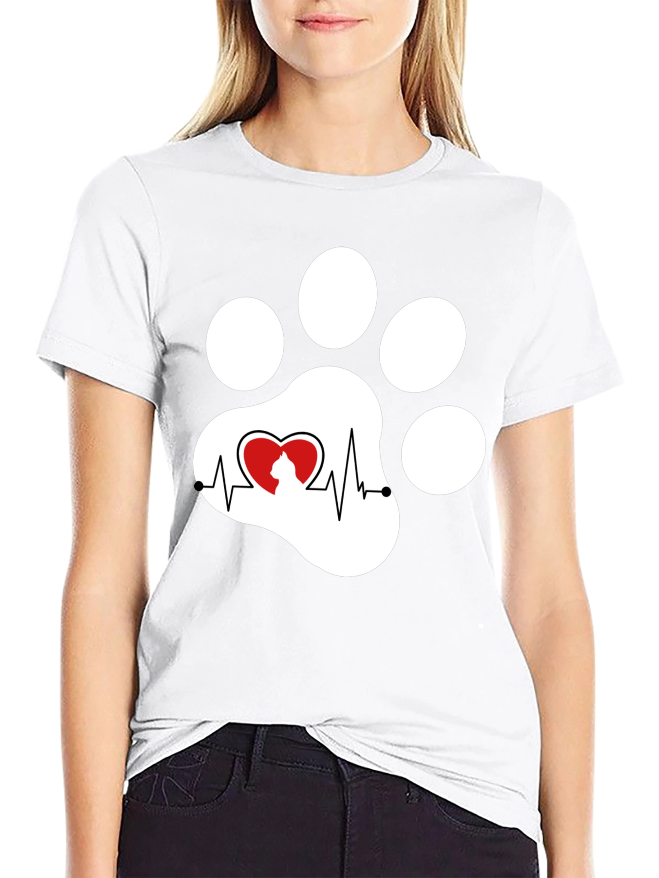 Black Cat Paw Heartbeat T-Shirt