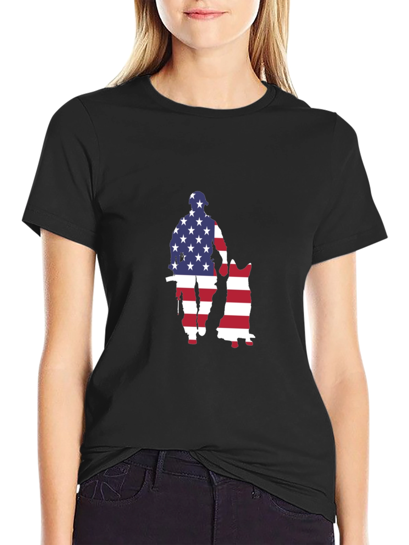 Patriotic US Flag Soldier & Dog Graphic T-Shirt
