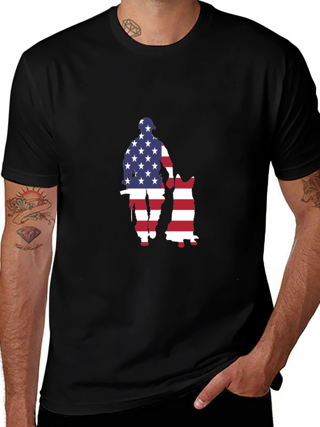 Patriotic US Flag Soldier & Dog Graphic T-Shirt