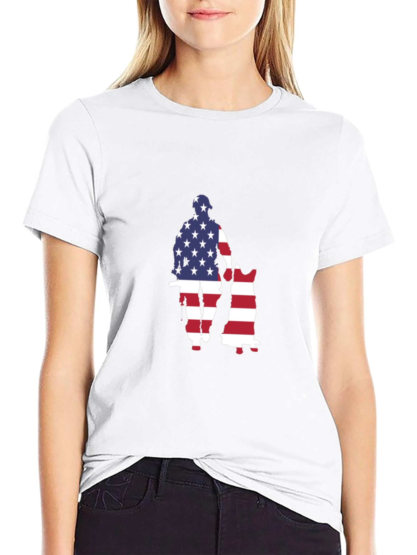 Patriotic US Flag Soldier & Dog Graphic T-Shirt