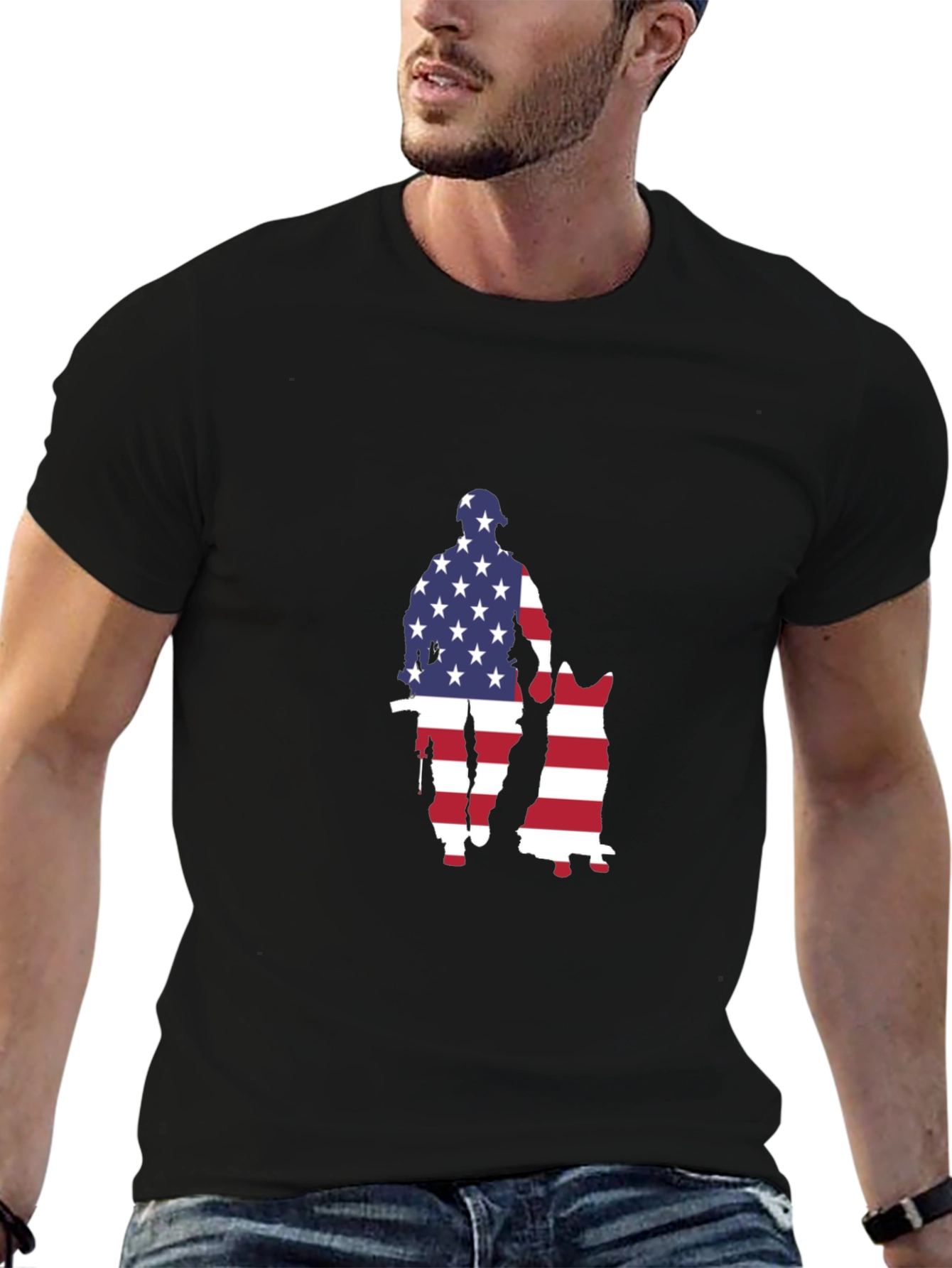 Patriotic US Flag Soldier & Dog Graphic T-Shirt