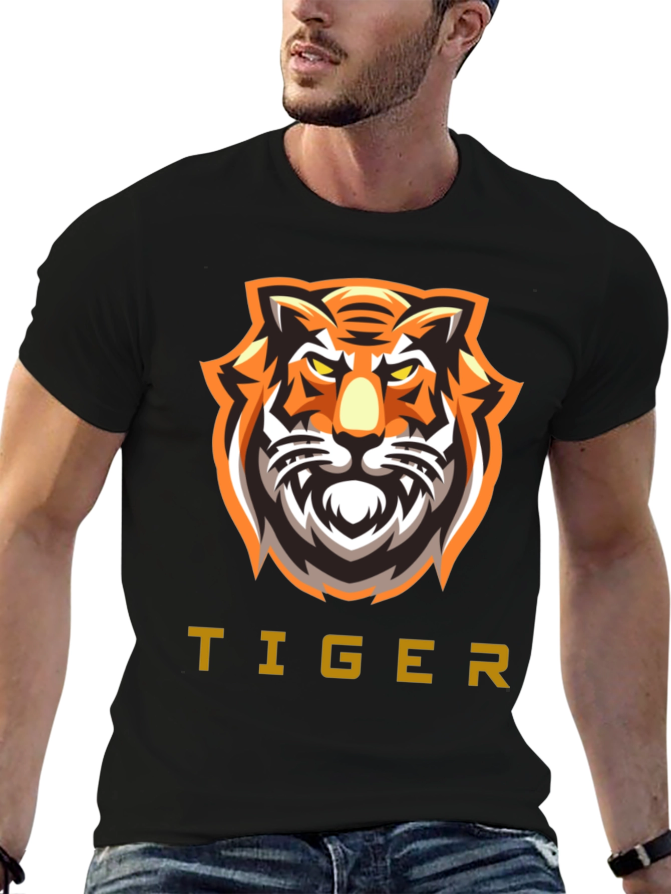 Bold Tiger Graphic Tee - Black Cotton T-Shirt