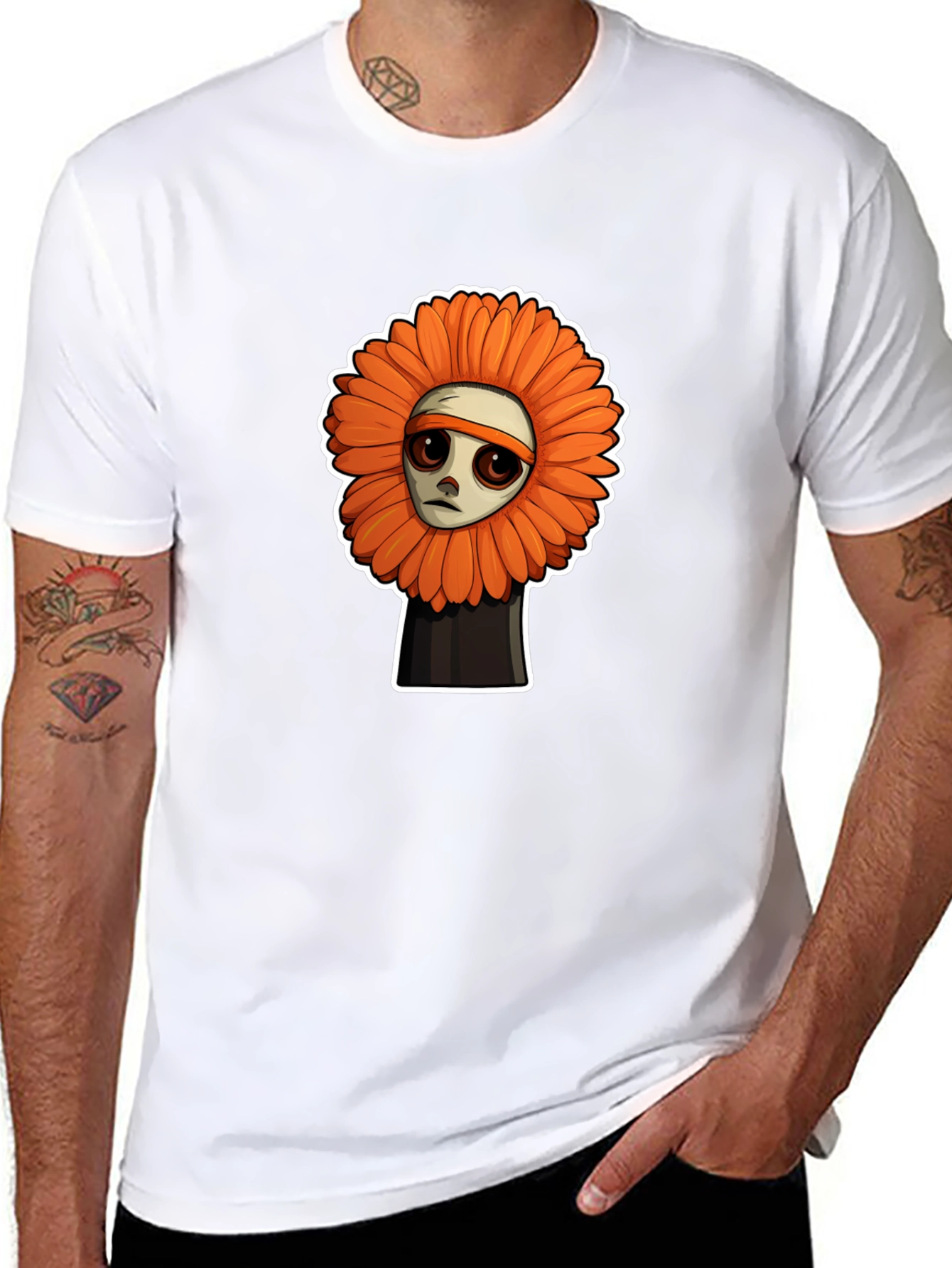 Sad Flower Cartoon Graphic T-Shirt - Unisex Black Tee