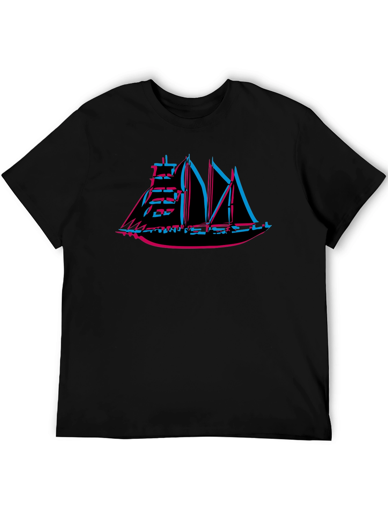 Retro 3D Sailing Ship Graphic Tee - Black