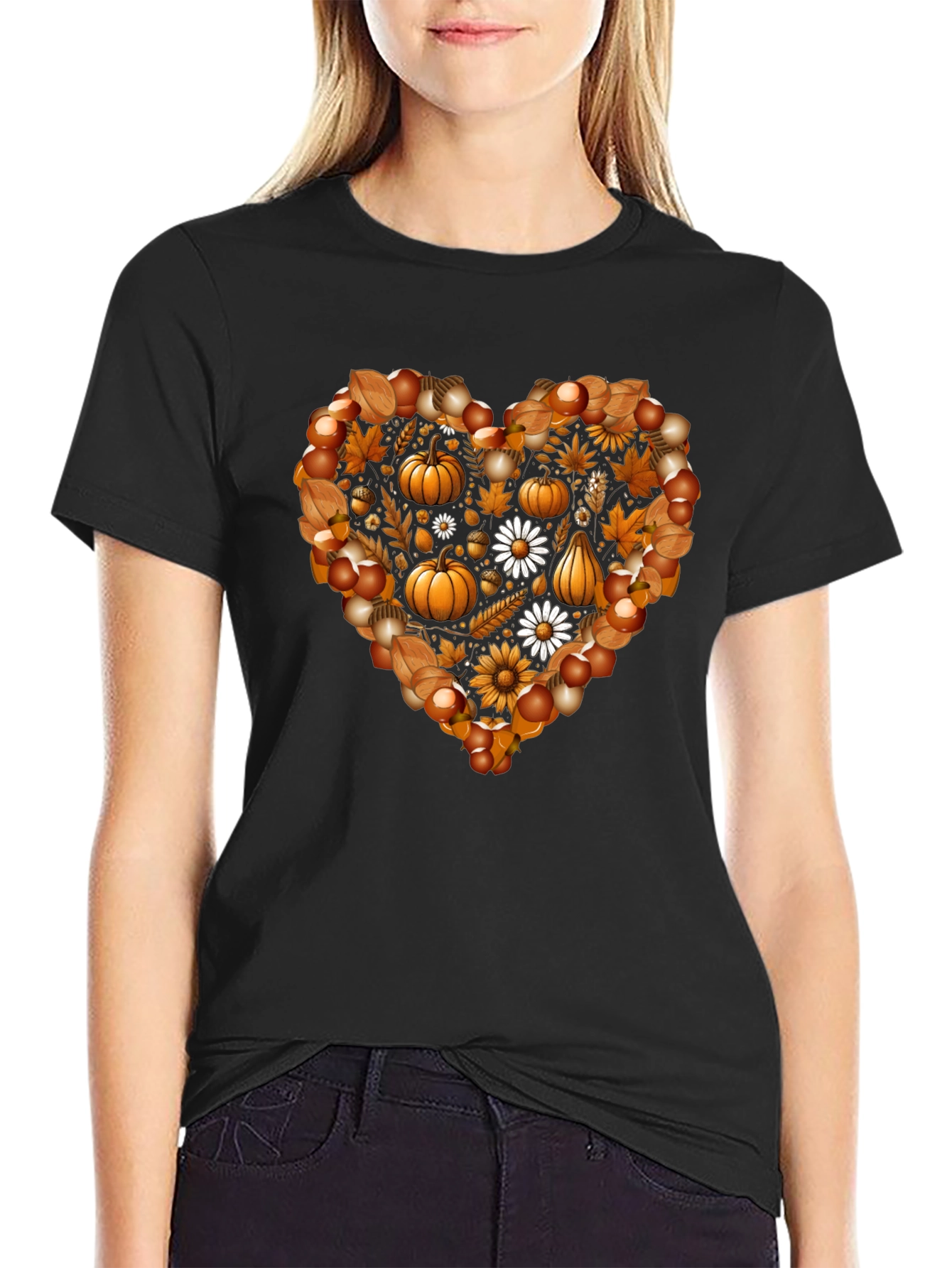 Fall Heart T-Shirt - Pumpkin & Floral Design