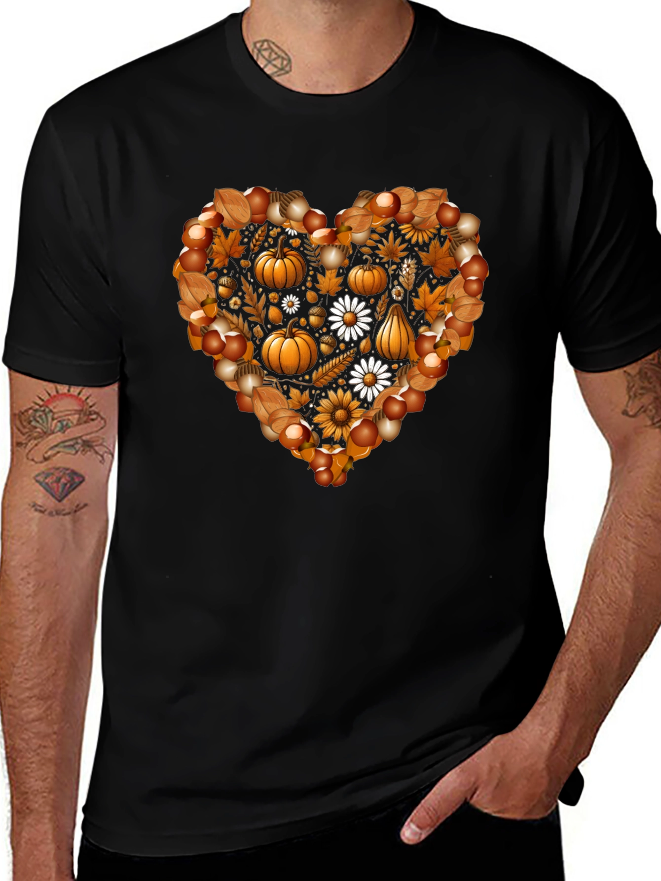 Fall Heart T-Shirt - Pumpkin & Floral Design