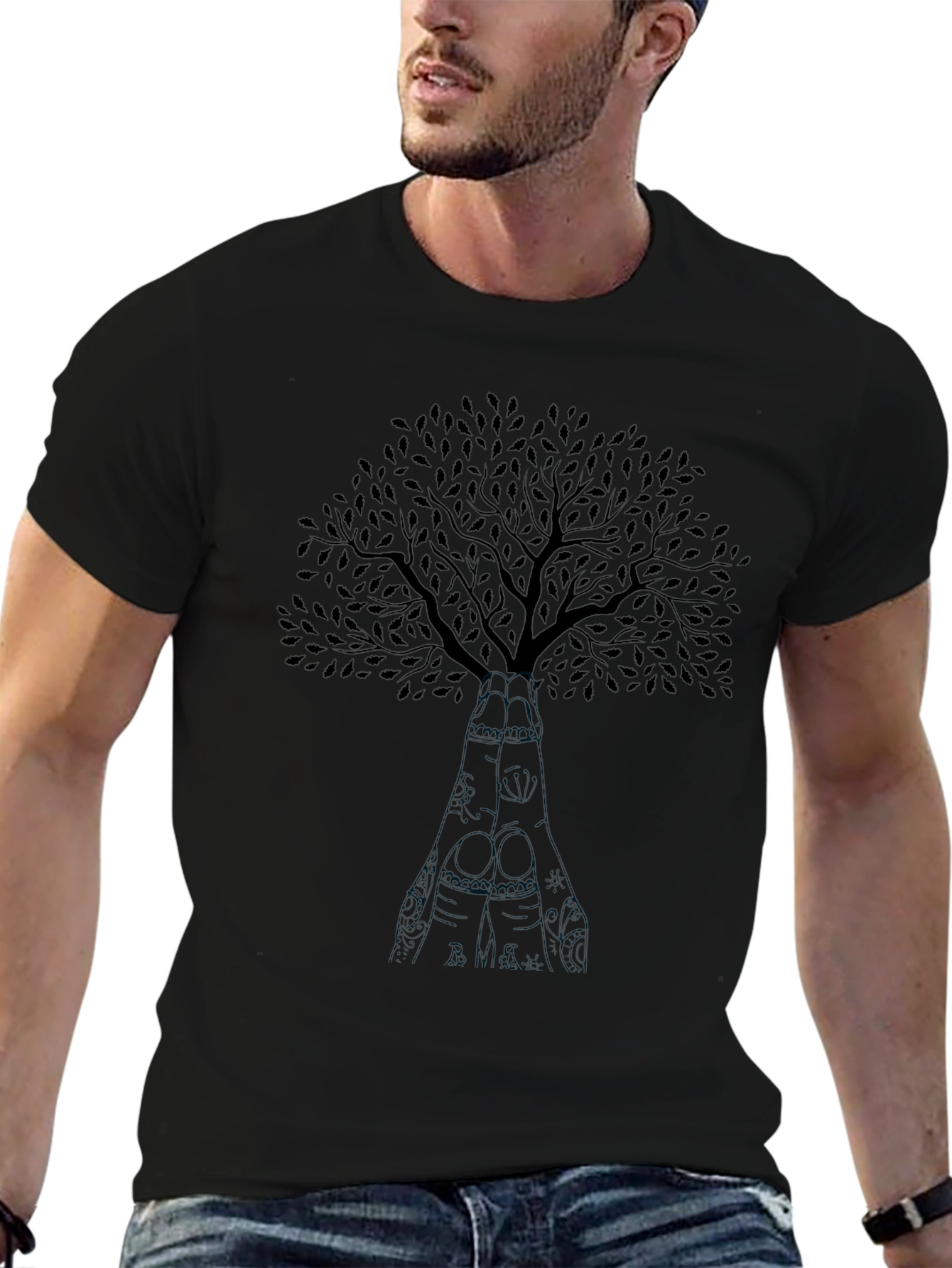 Black Tree Graphic Crew Neck T-Shirt for Men