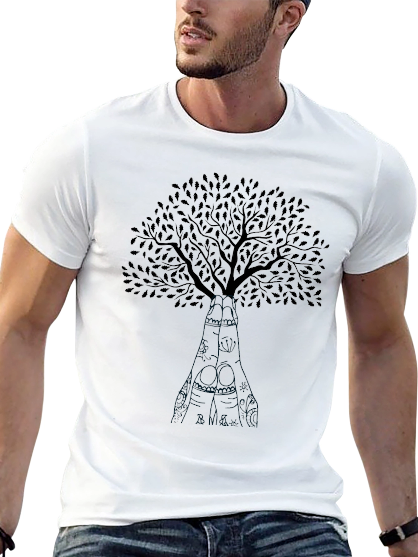 Black Tree Graphic Crew Neck T-Shirt for Men
