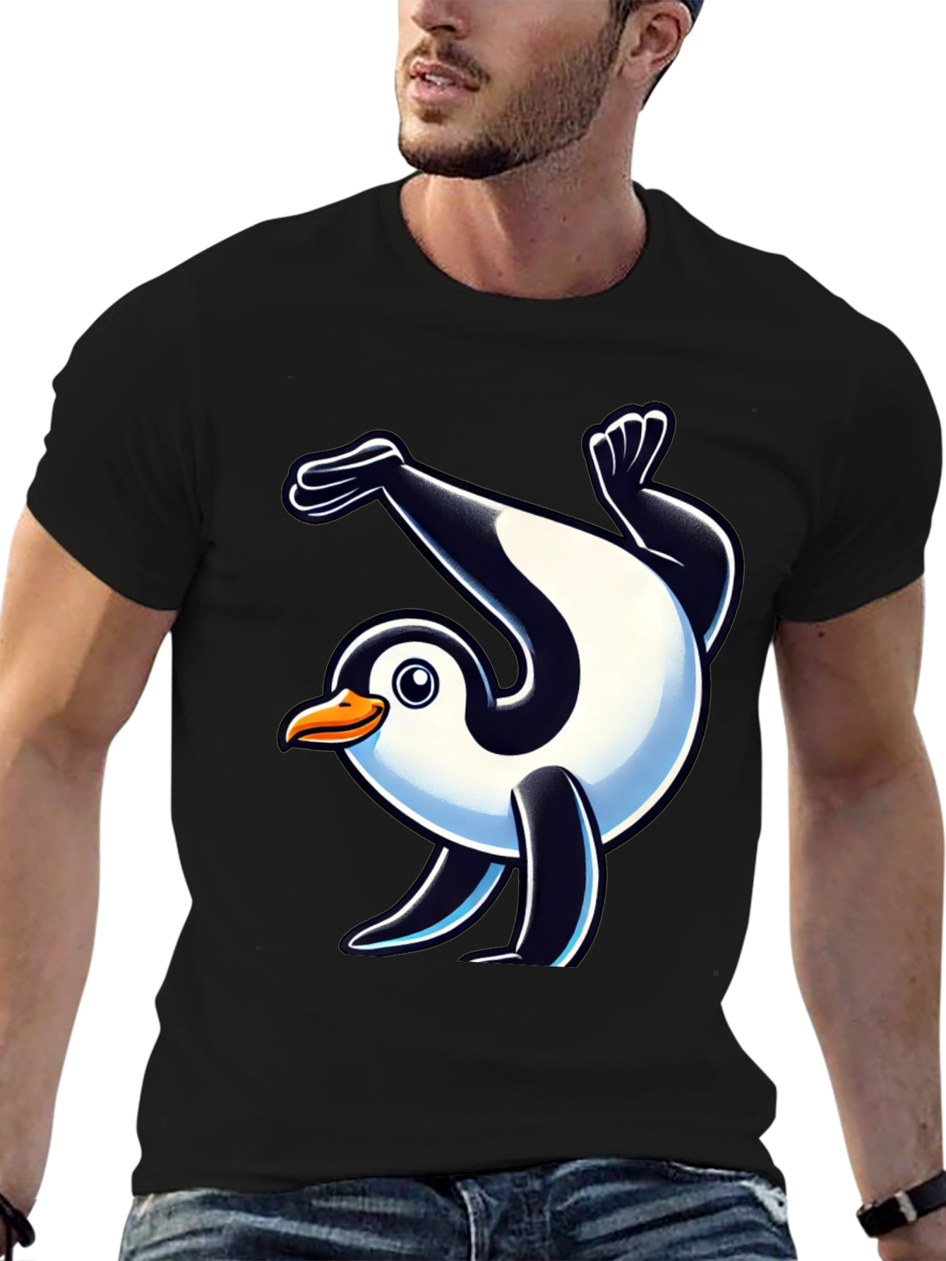 Dancing Penguin Graphic Tee - Black Cotton T-Shirt