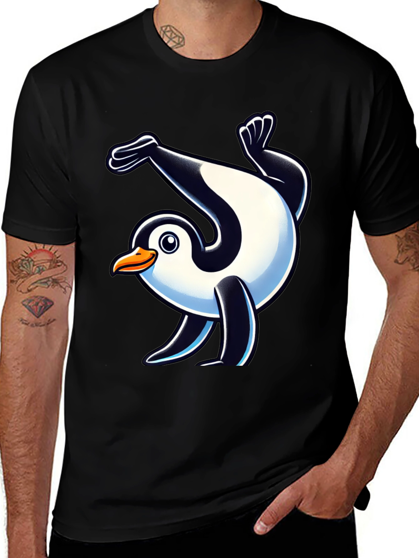 Dancing Penguin Graphic Tee - Black Cotton T-Shirt