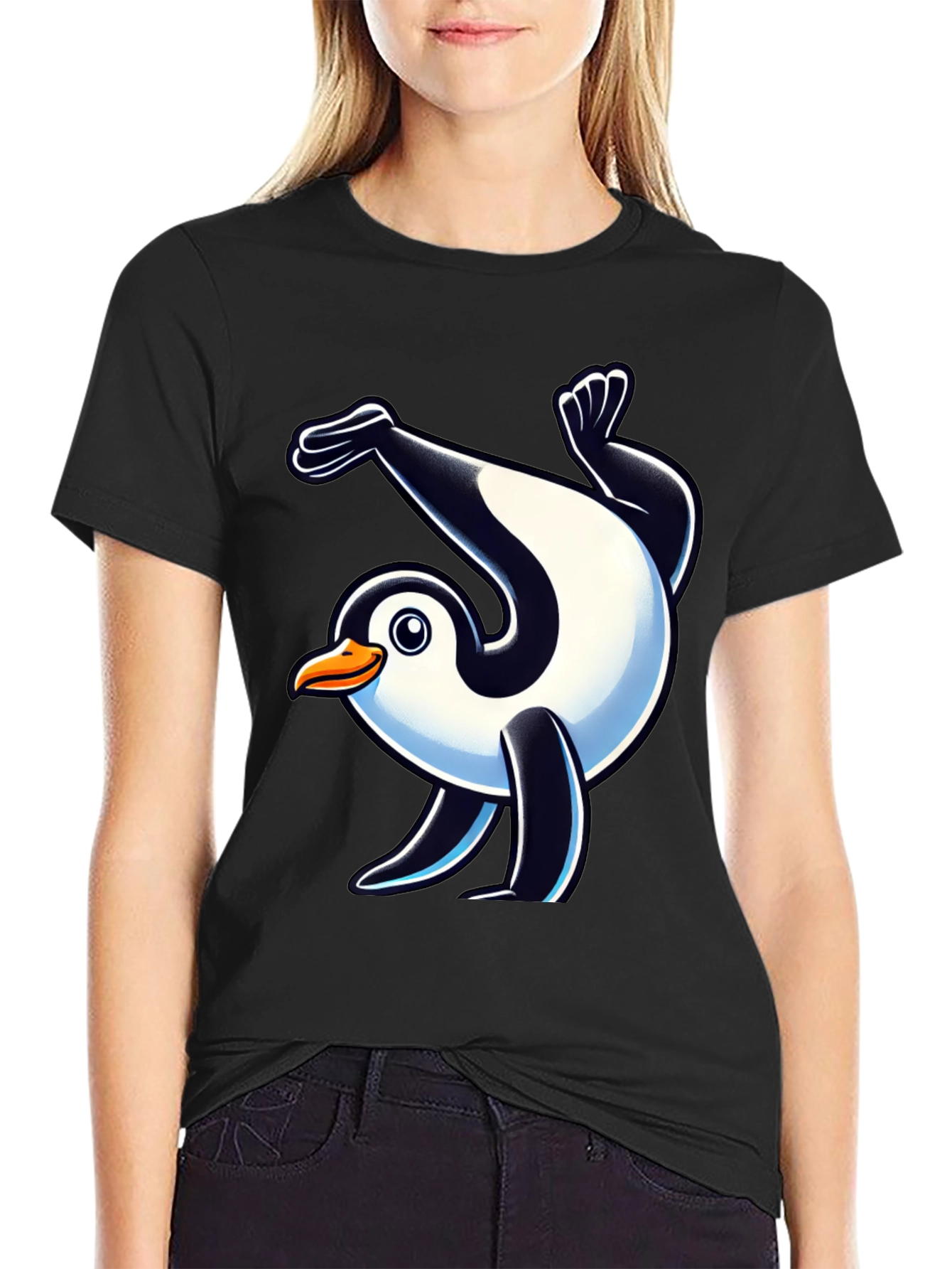 Dancing Penguin Graphic Tee - Black Cotton T-Shirt