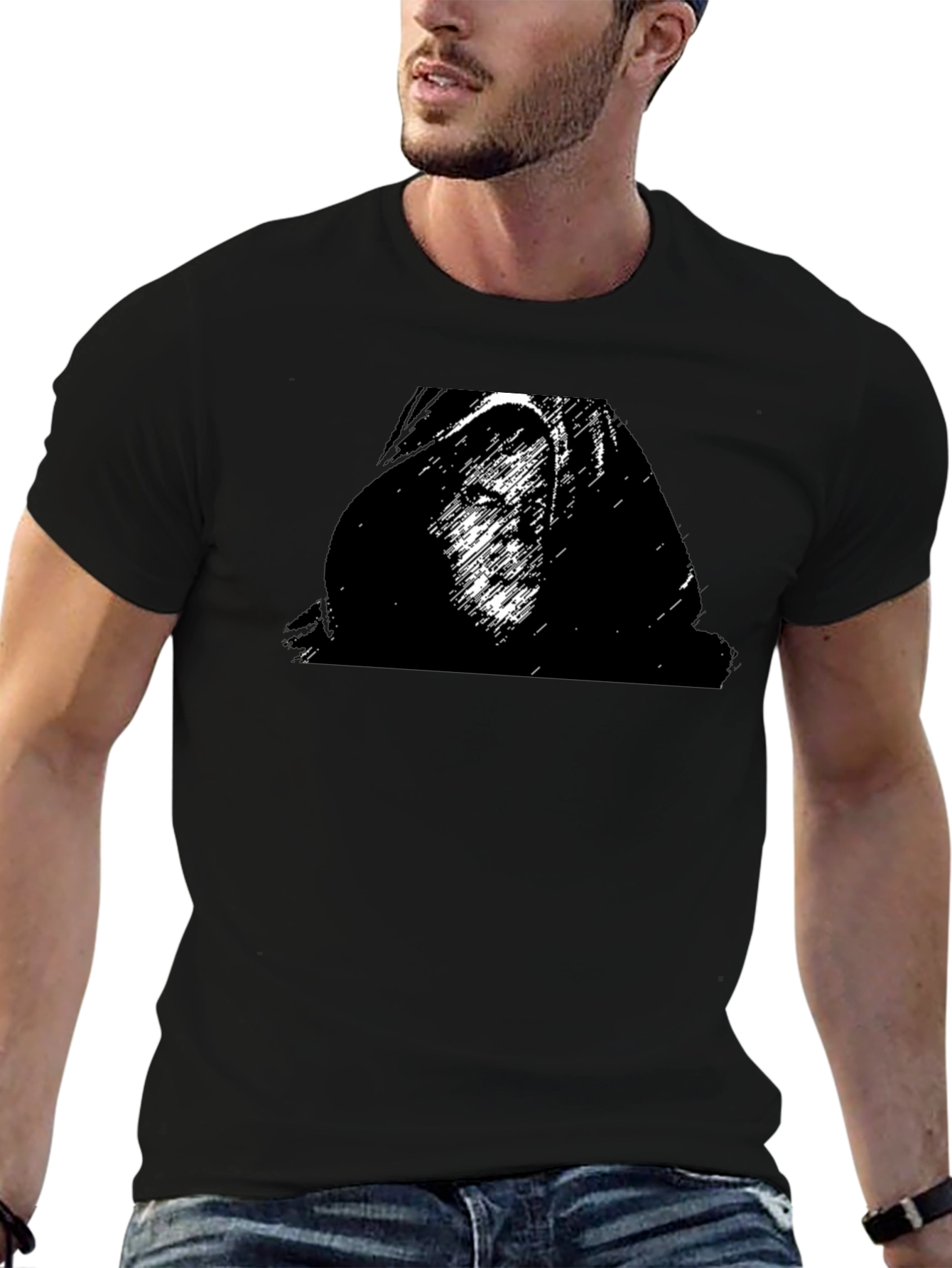 Black Graphic T-Shirt - Hooded Figure Print
