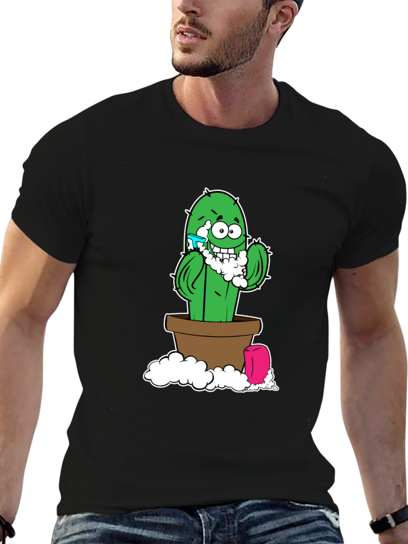 Funny Shaving Cactus Black T-Shirt