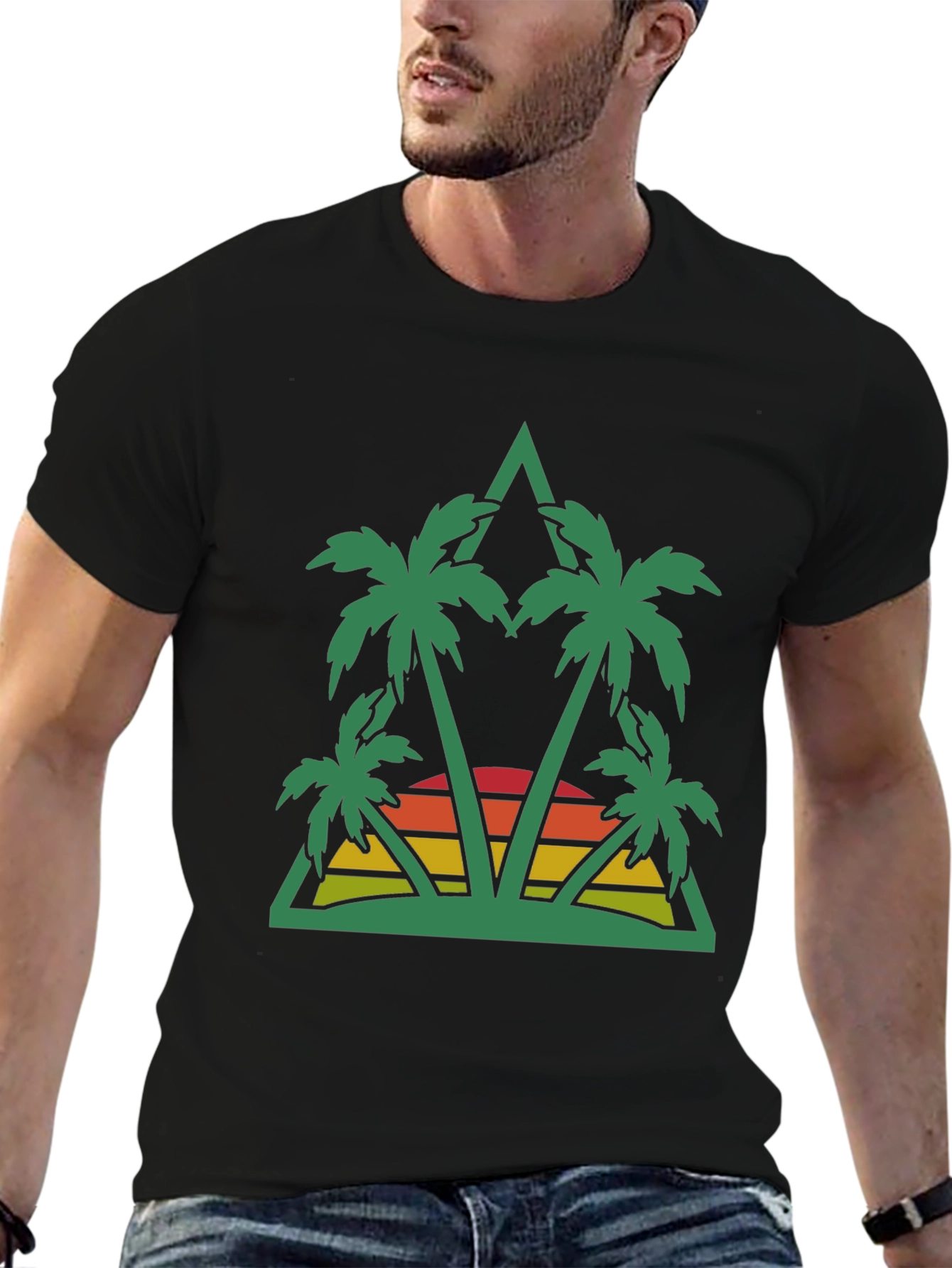 Tropical Palm Sunset Graphic Tee - Black
