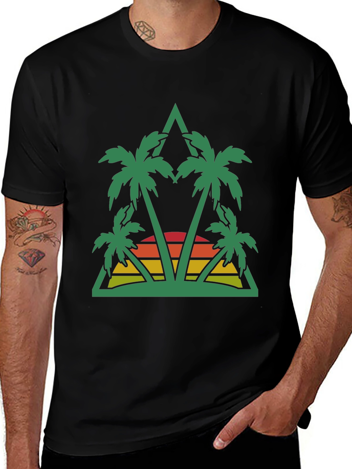 Tropical Palm Sunset Graphic Tee - Black