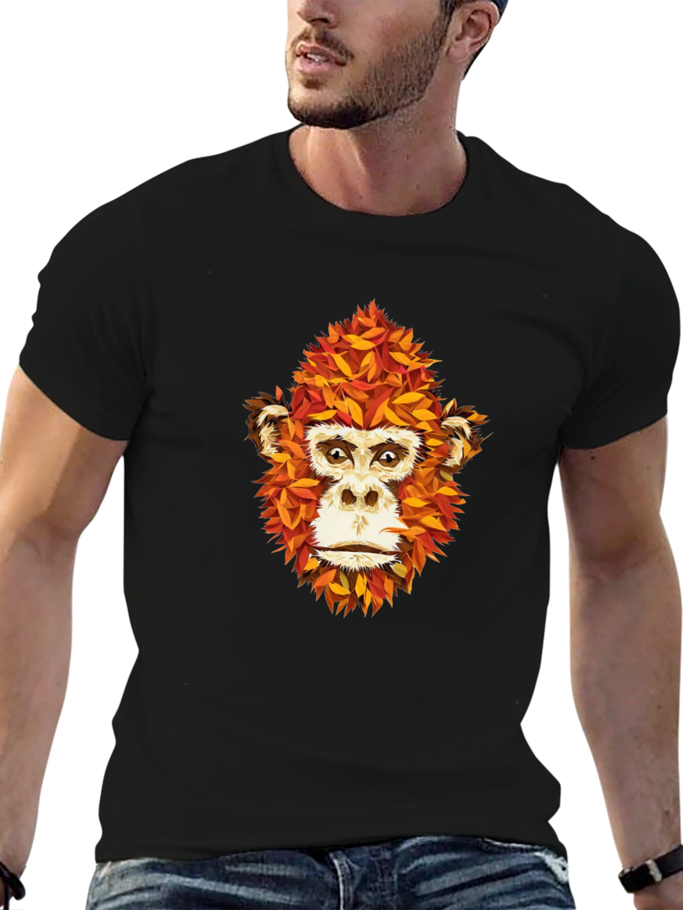 Unique Monkey Face Leaf Design Black T-Shirt