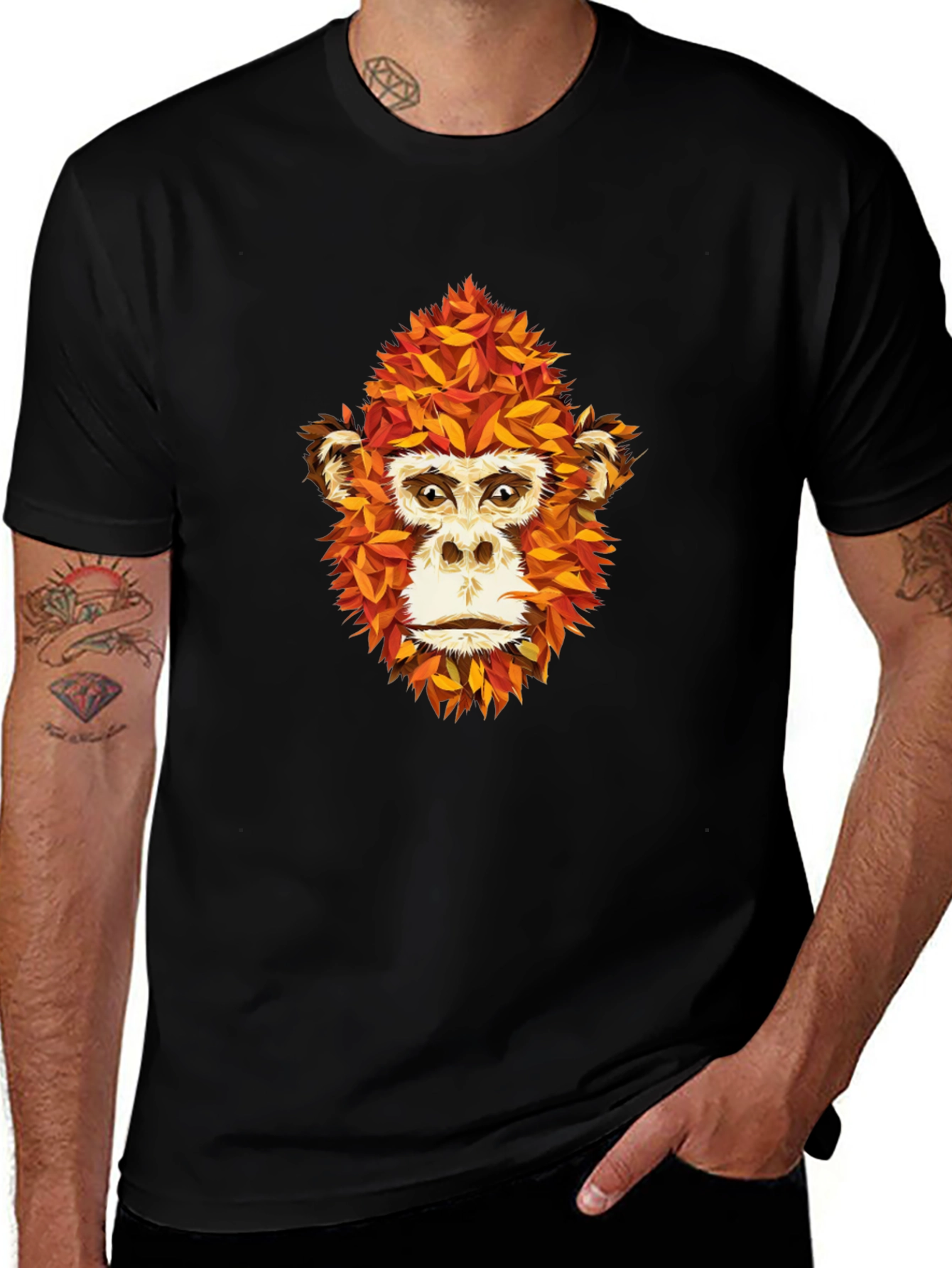 Unique Monkey Face Leaf Design Black T-Shirt