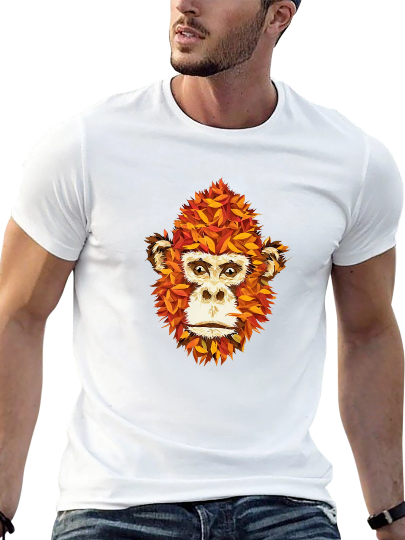 Unique Monkey Face Leaf Design Black T-Shirt