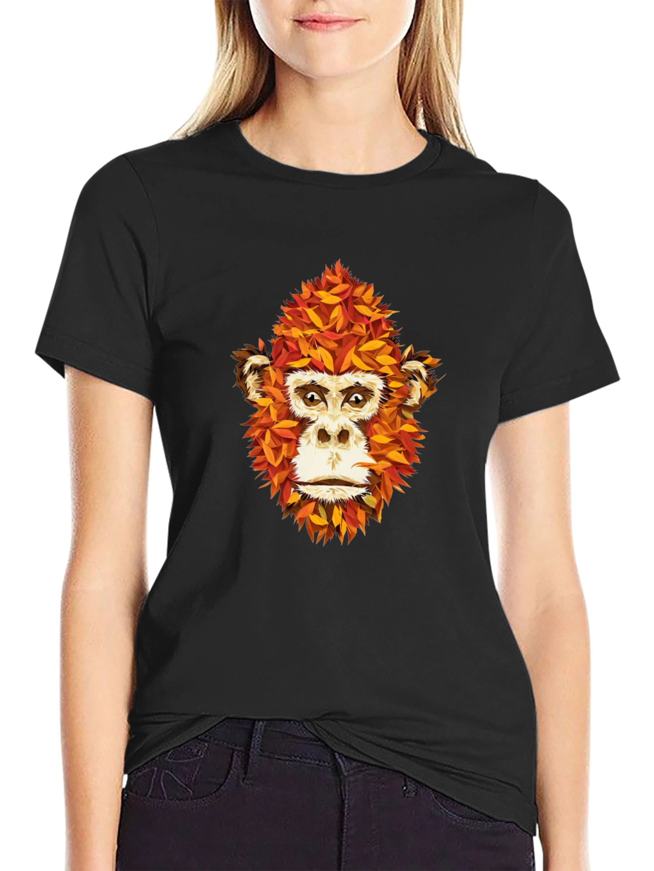 Unique Monkey Face Leaf Design Black T-Shirt