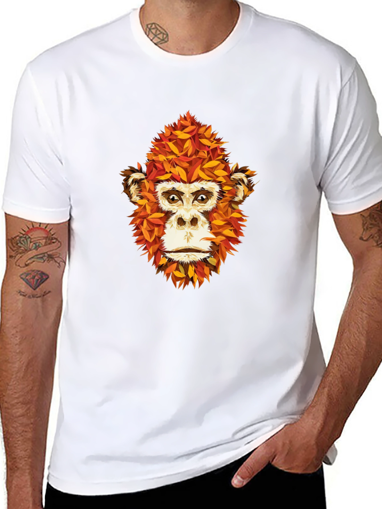 Unique Monkey Face Leaf Design Black T-Shirt