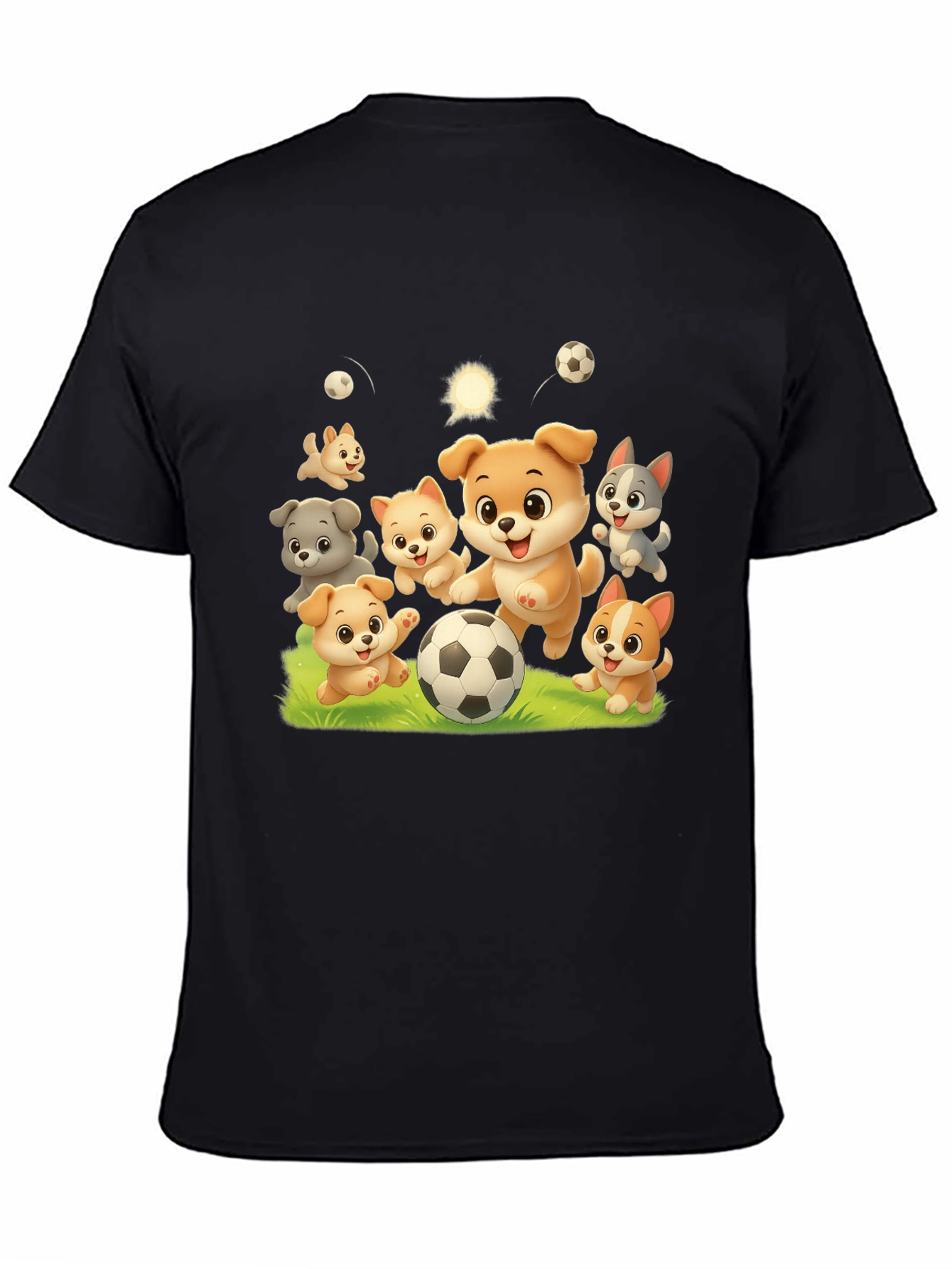Cute Dogs Playing Soccer Black T-shirt