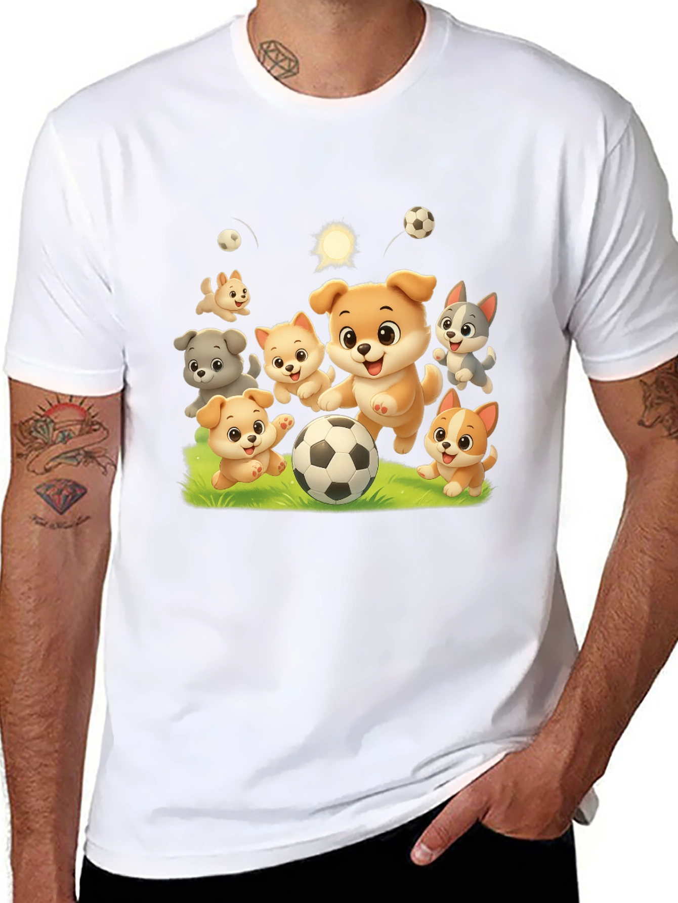 Cute Dogs Playing Soccer Black T-shirt