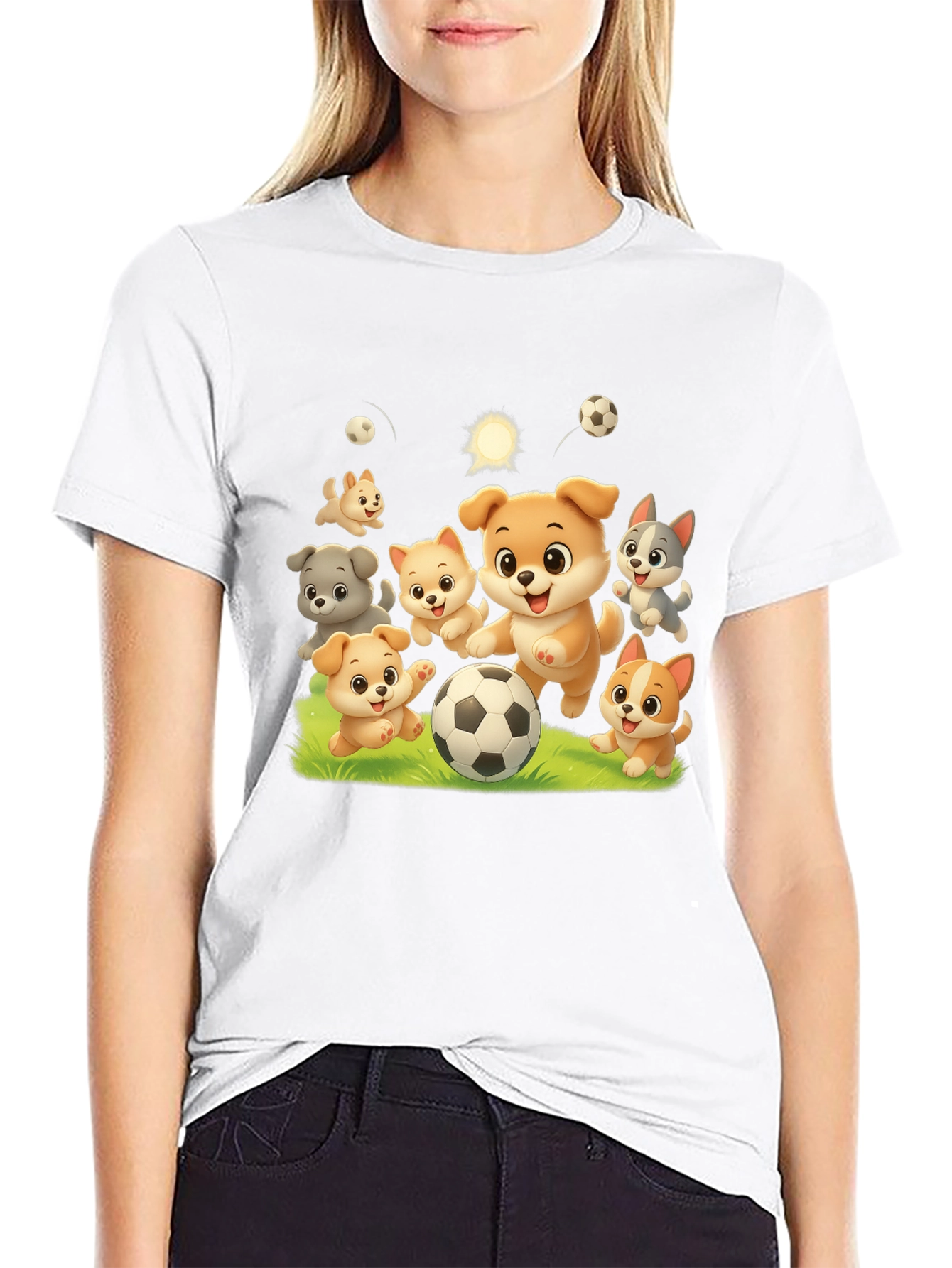 Cute Dogs Playing Soccer Black T-shirt