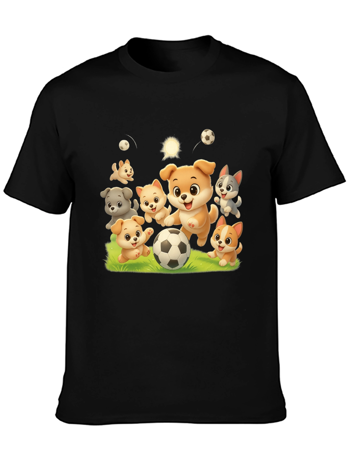 Cute Dogs Playing Soccer Black T-shirt