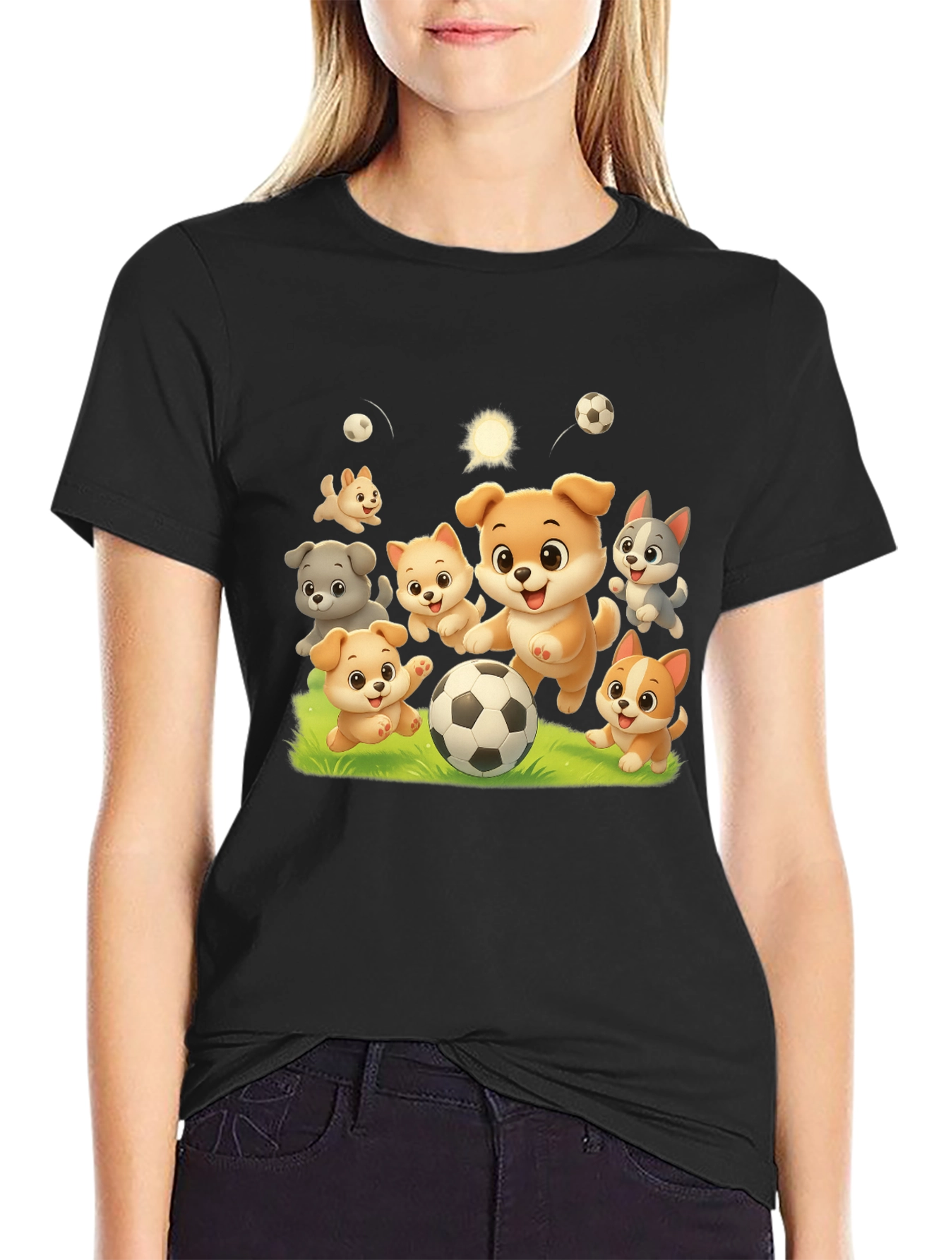Cute Dogs Playing Soccer Black T-shirt