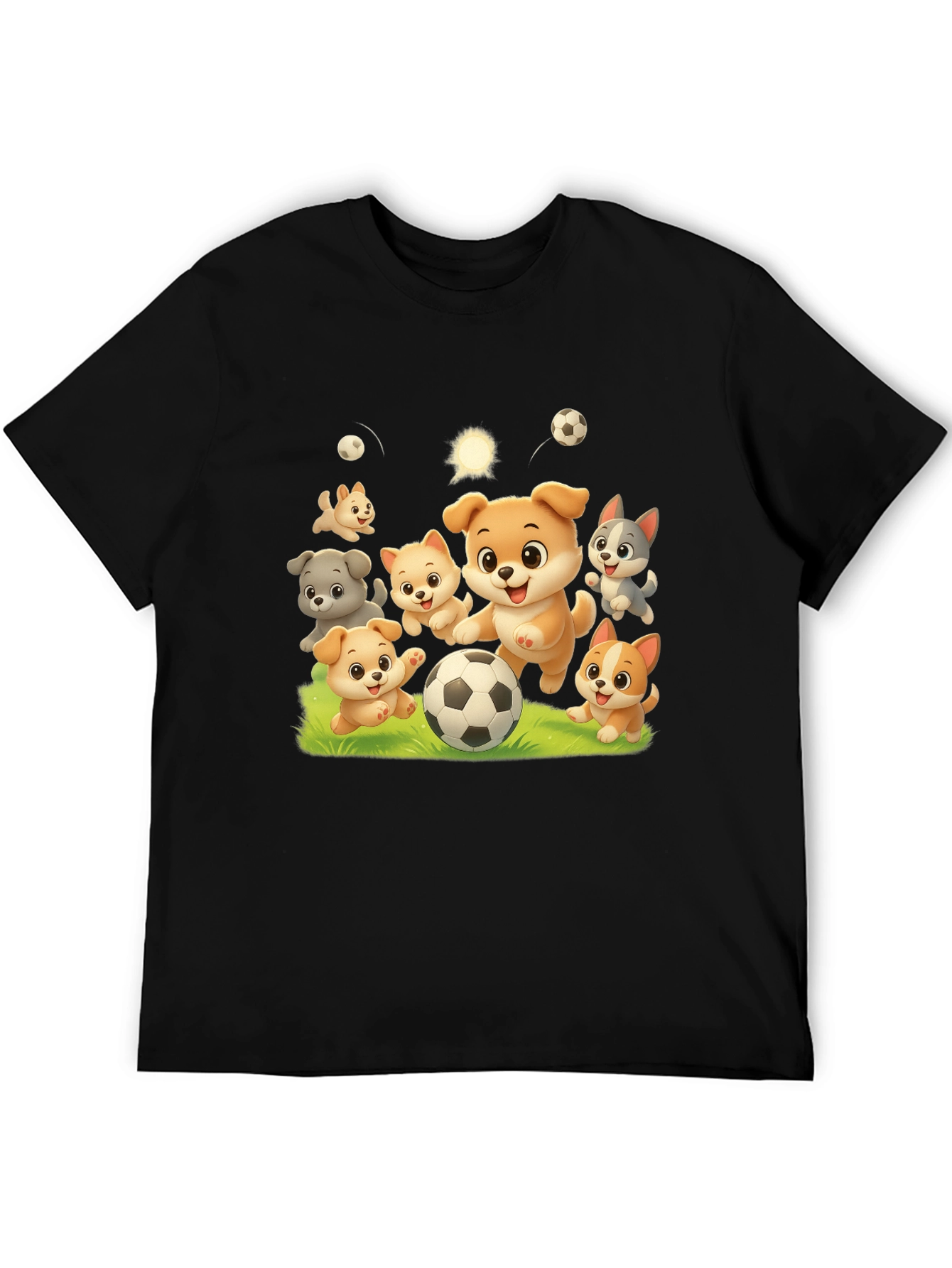 Cute Dogs Playing Soccer Black T-shirt