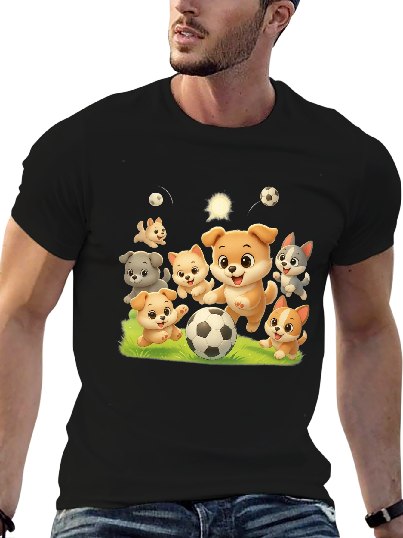 Cute Dogs Playing Soccer Black T-shirt
