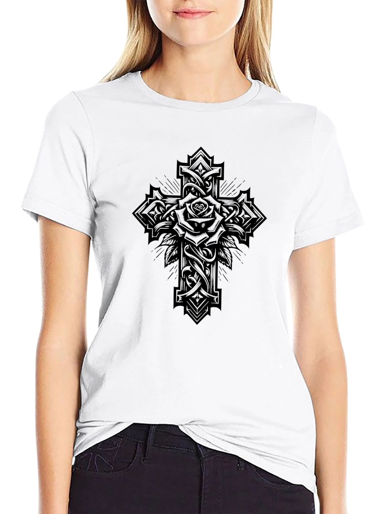 Gothic Rose Cross Graphic T-Shirt