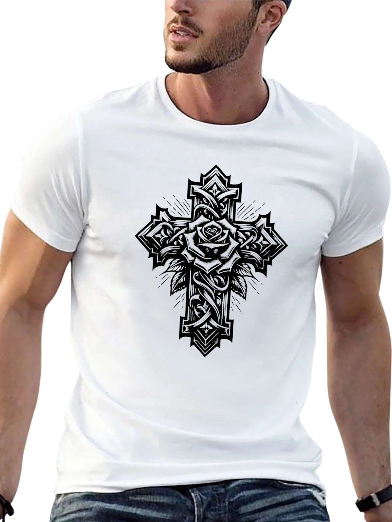 Gothic Rose Cross Graphic T-Shirt