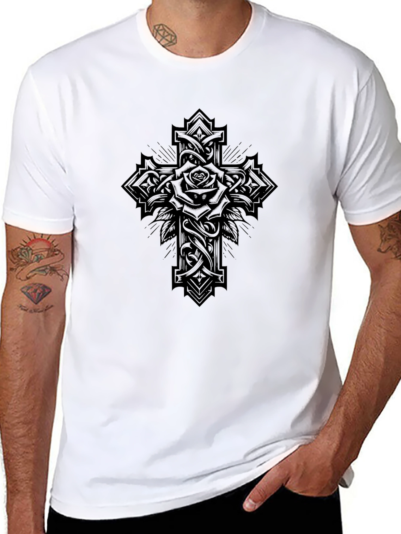 Gothic Rose Cross Graphic T-Shirt