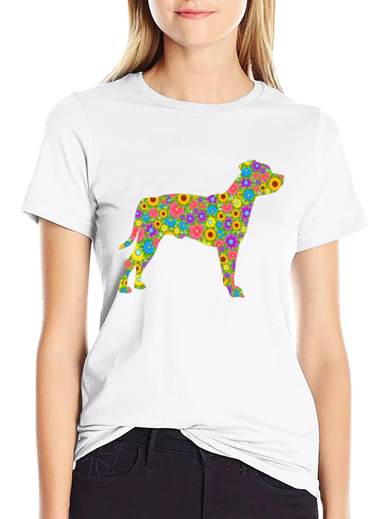 Floral Dog Silhouette T-Shirt - Black