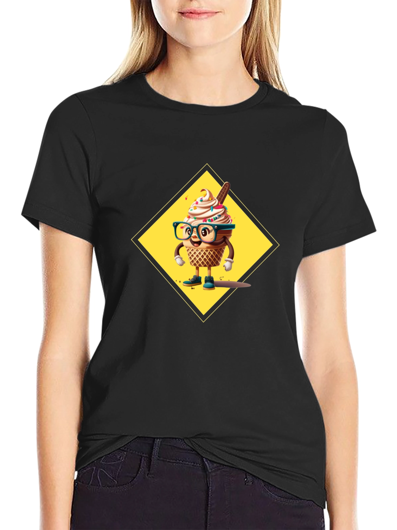 Fun Ice Cream Cone Graphic Tee - Black Cotton