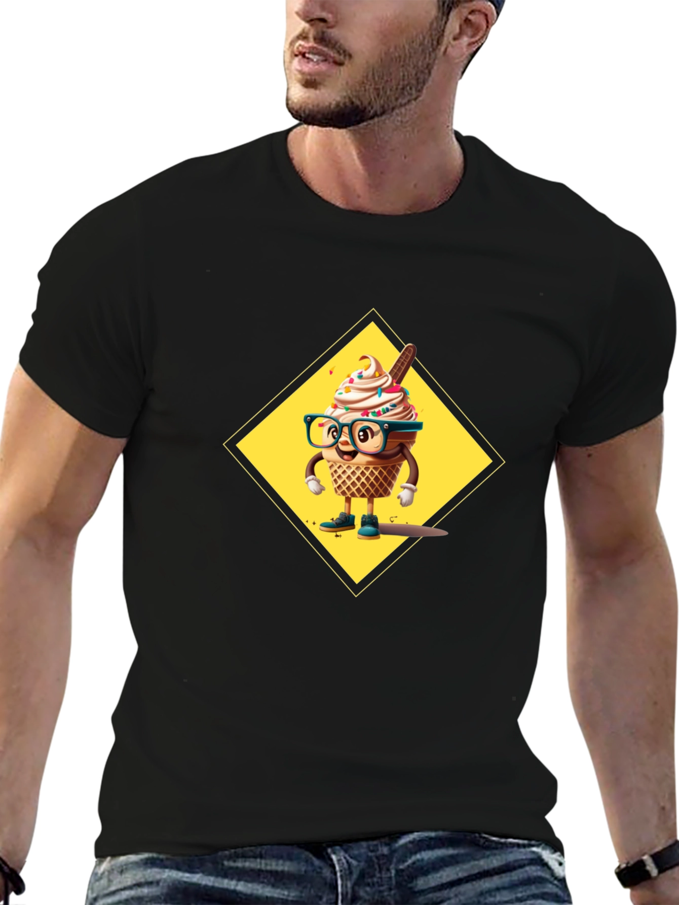 Fun Ice Cream Cone Graphic Tee - Black Cotton