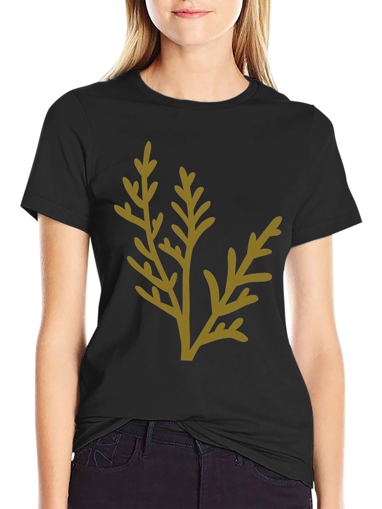 Black T-Shirt with Botanical Design