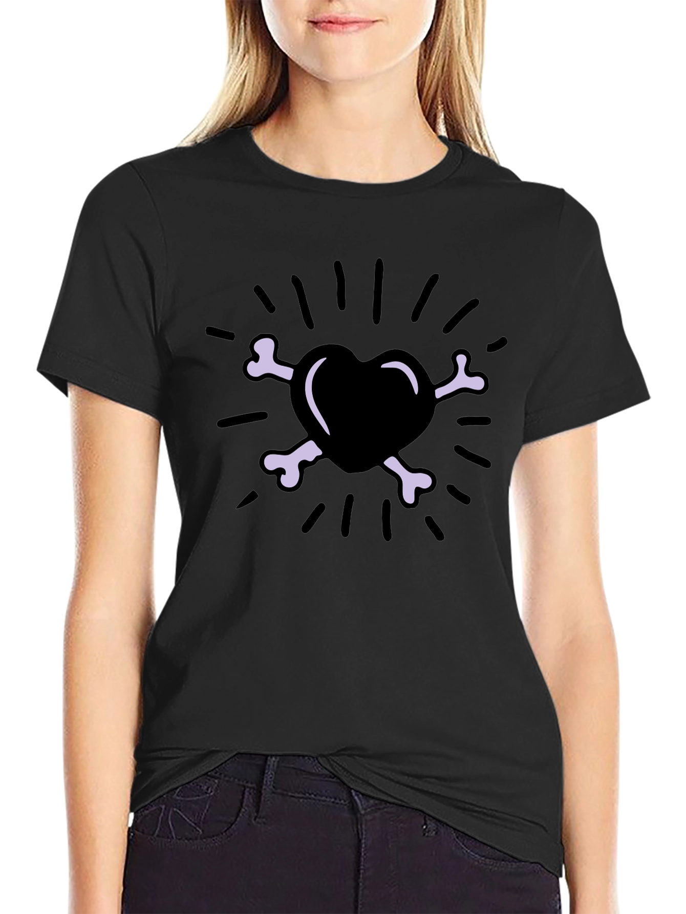 Heart & Bones Graphic Print T-Shirt - Black