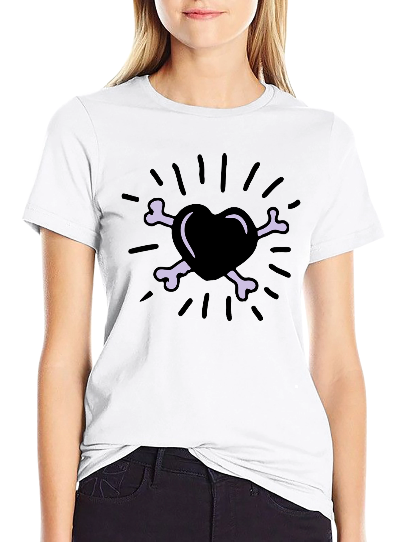 Heart & Bones Graphic Print T-Shirt - Black