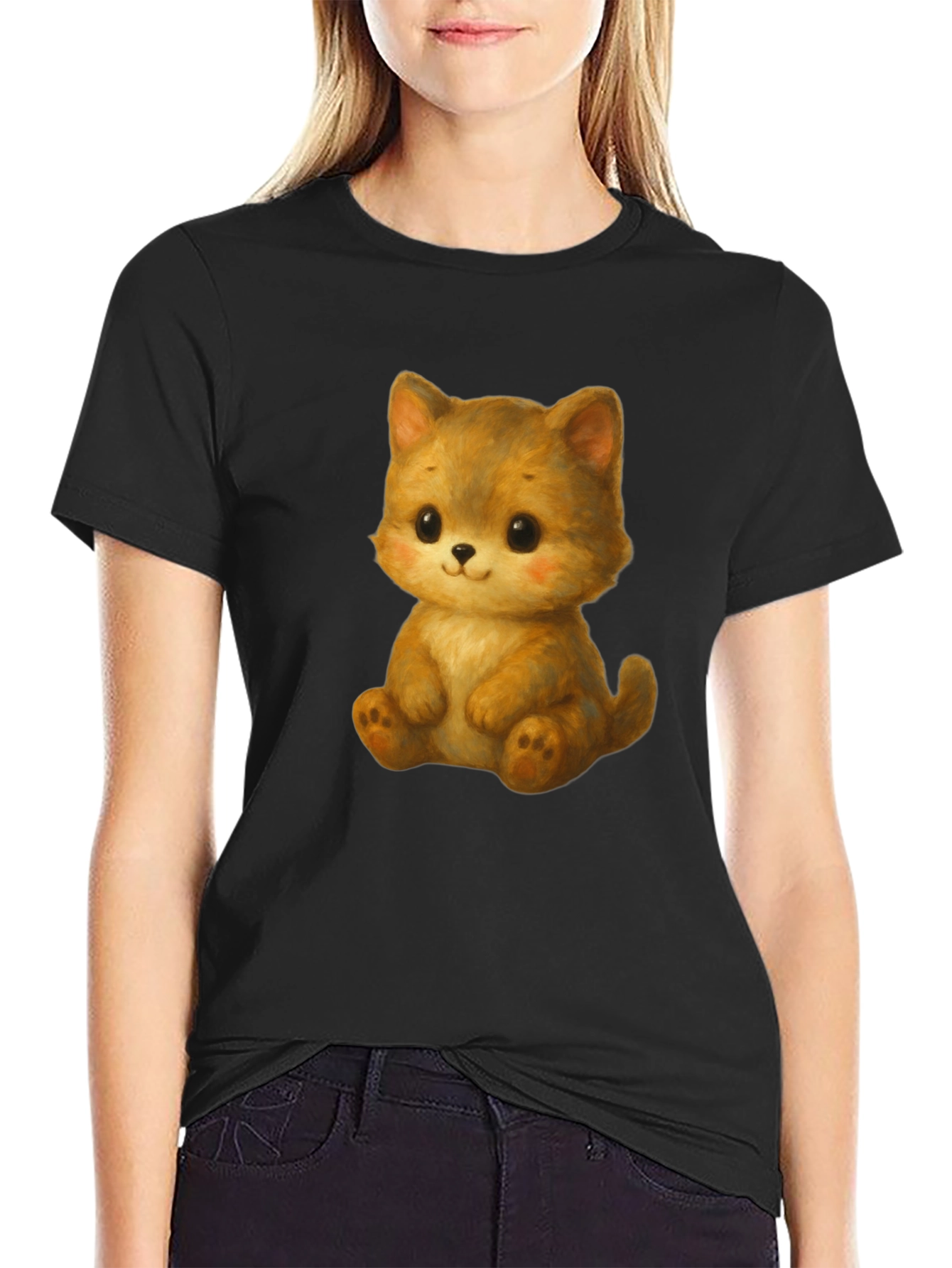 Cute Kitten Graphic Tee - Soft Black Cotton Shirt