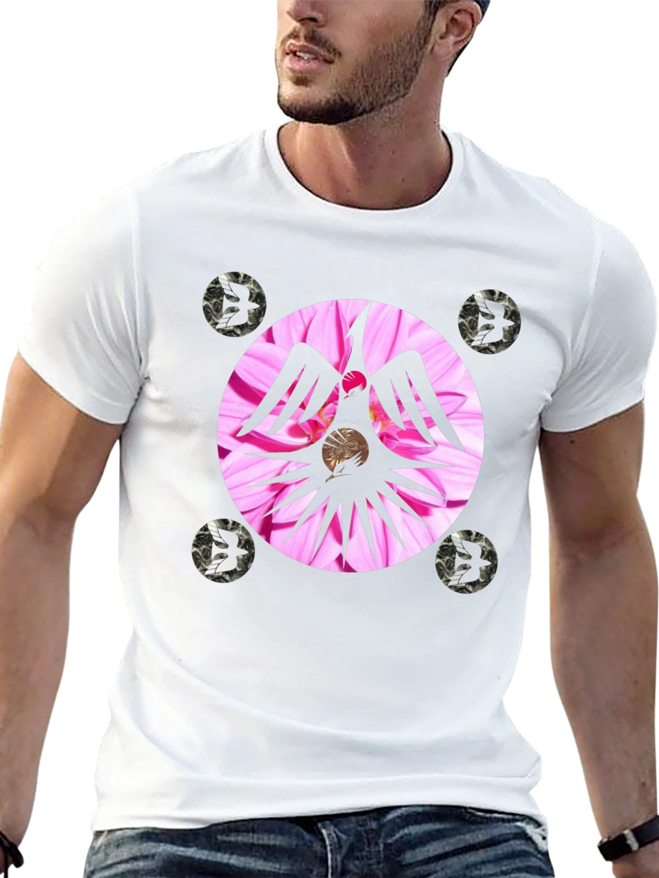 Unique Graphic Tee with Floral Phoenix Design