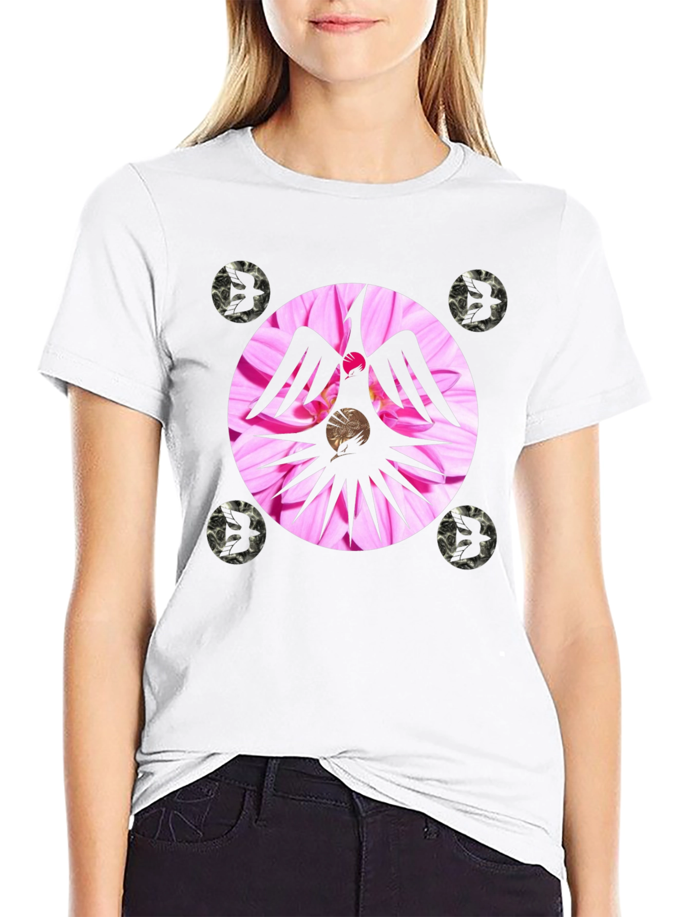 Unique Graphic Tee with Floral Phoenix Design