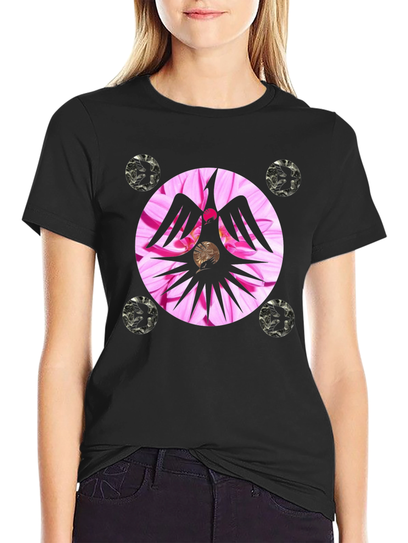 Unique Graphic Tee with Floral Phoenix Design